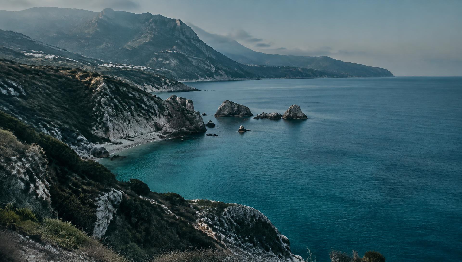 Rugged coastline above a turquoise sea